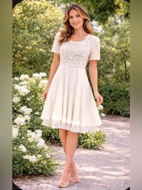 Beaded Flowing Elegant Light Cream Dress & Layered Skirt Womens size Small